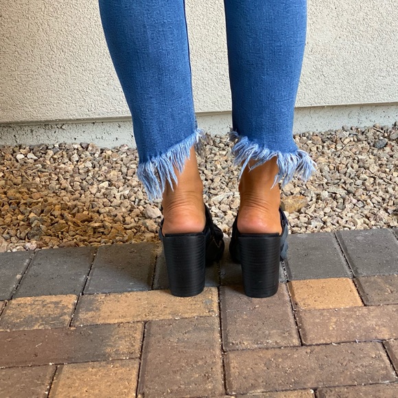 Leather/Fabric Frayed Block Heel Open Toe Mules - Picture 8 of 10